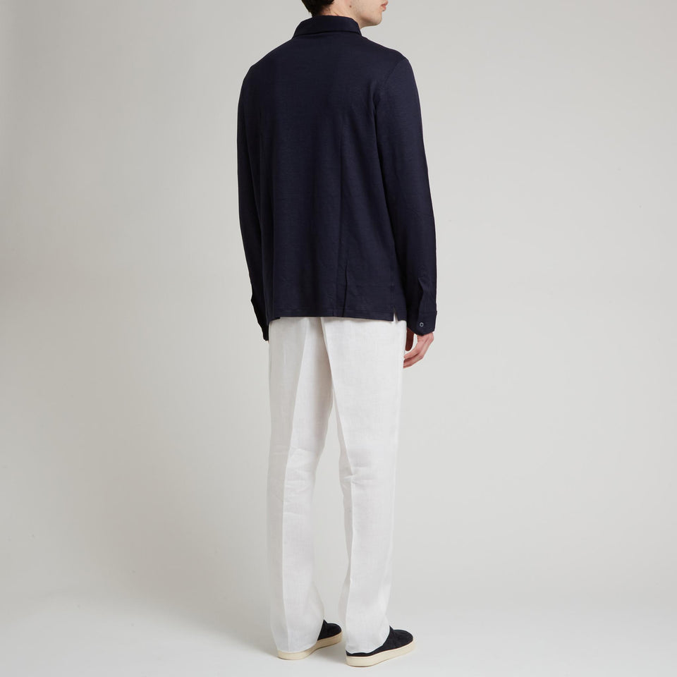 Polo in lino e seta blu