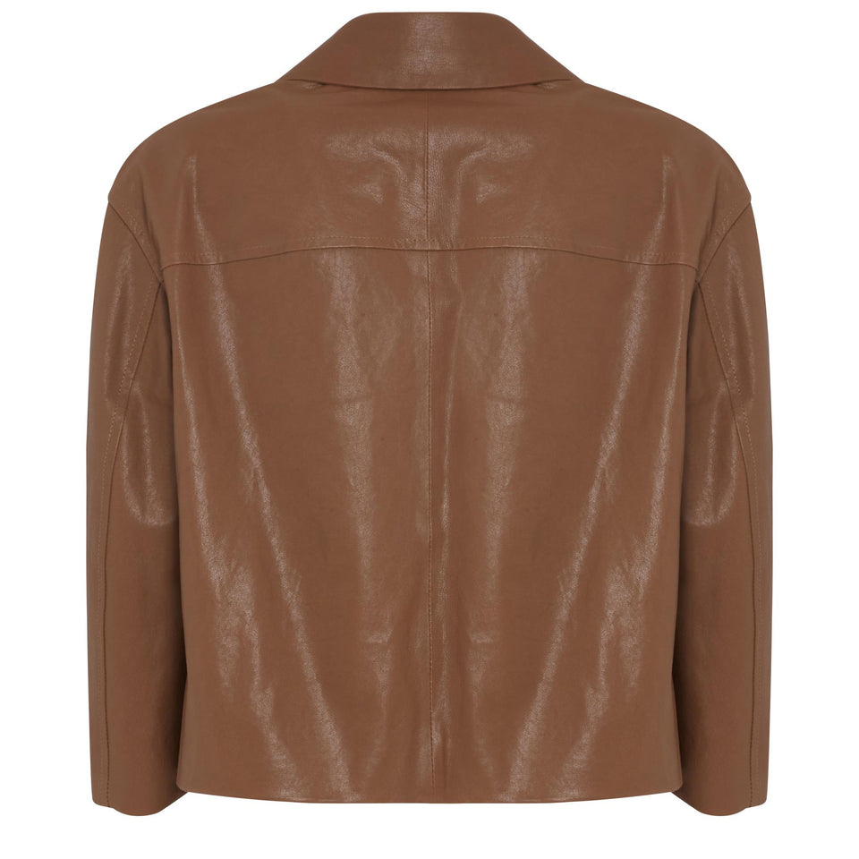 Giacca crop in pelle marrone