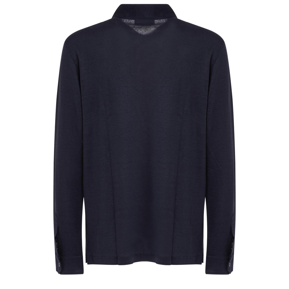 Polo in lino e seta blu