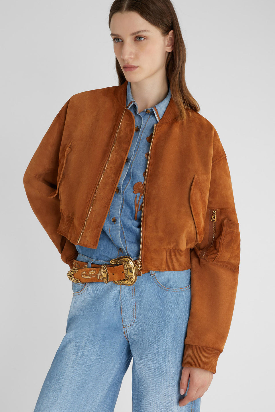 Brown suede crop bomber