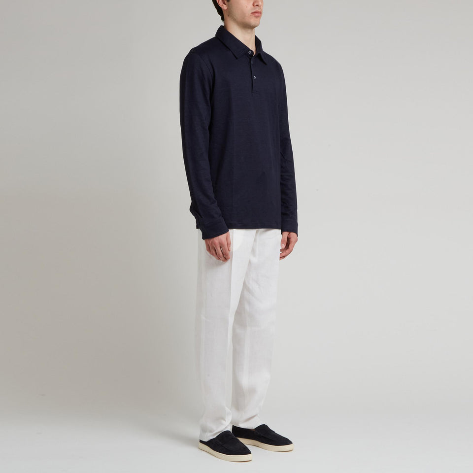 Polo in lino e seta blu