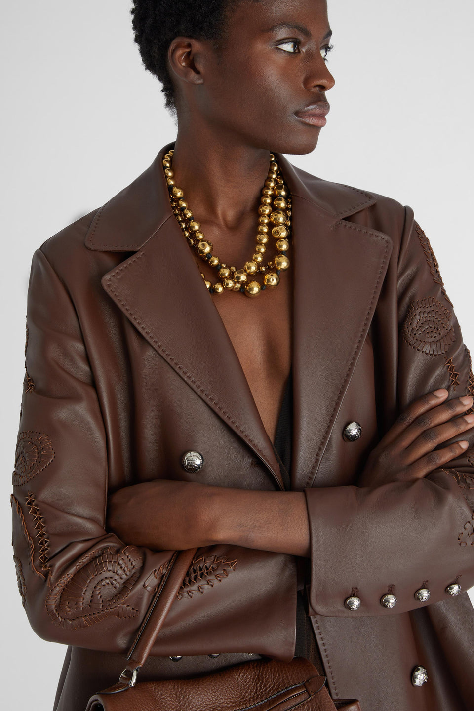 Giacca doppio petto in pelle marrone