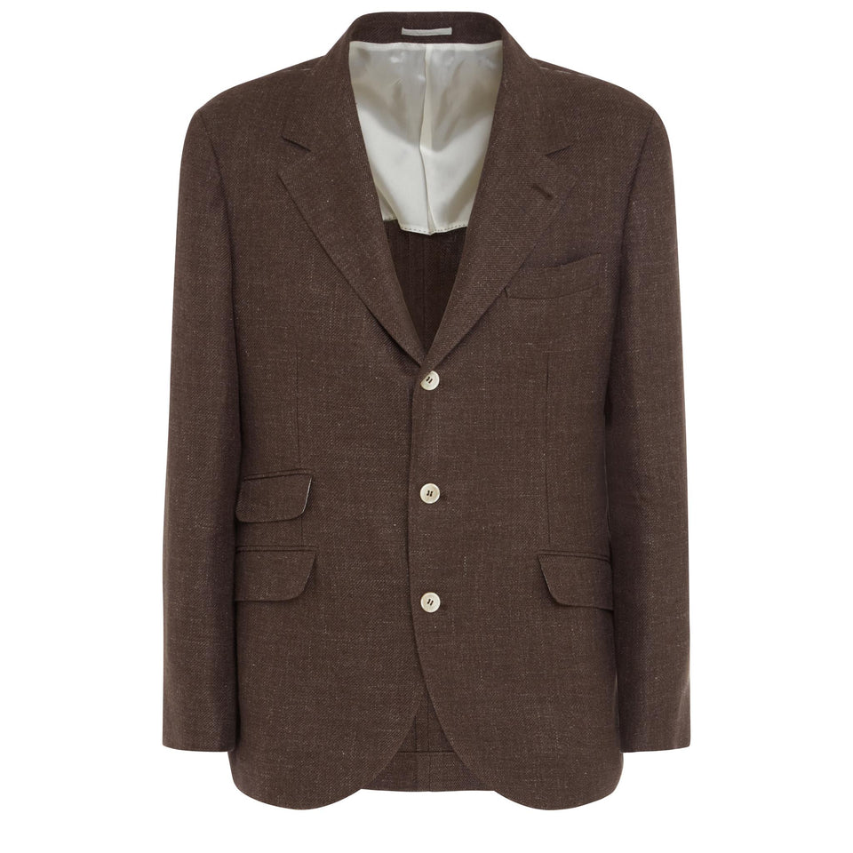 Blazer mono petto in lino e lana marrone