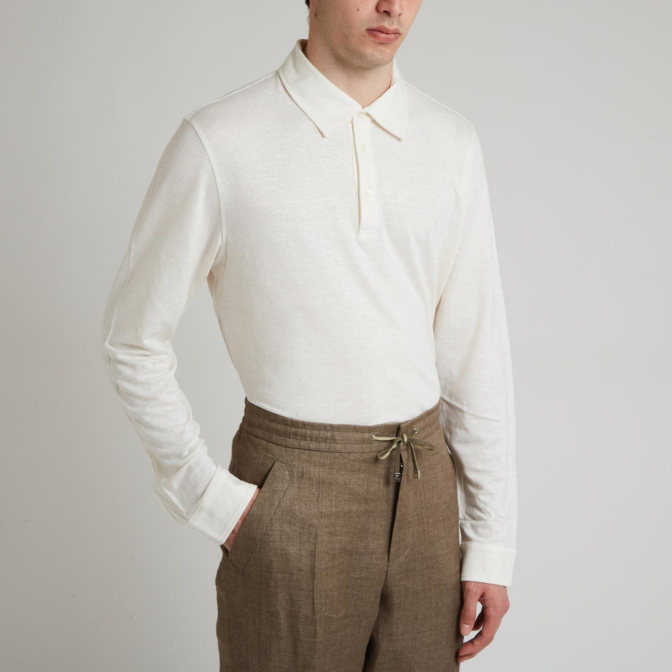 Polo in lino e seta bianca