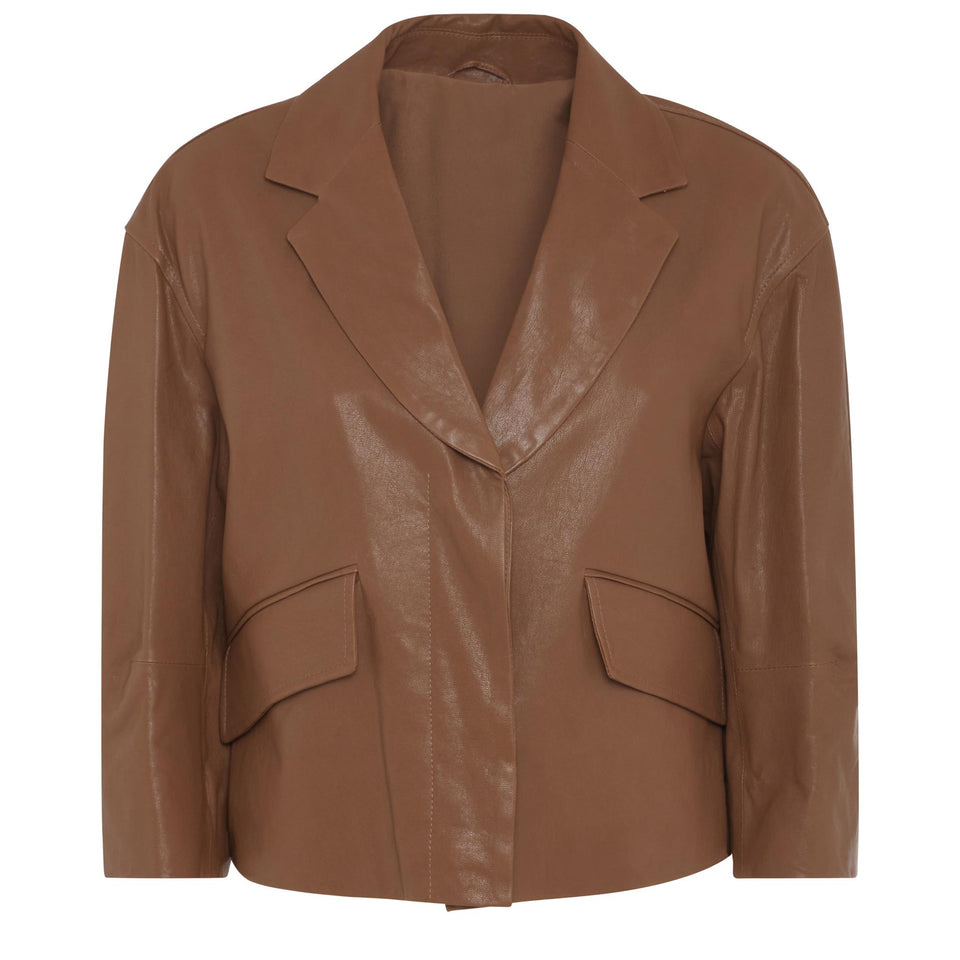 Giacca crop in pelle marrone