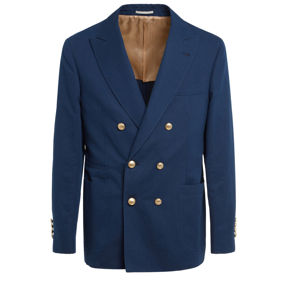 Blue linen and wool double-breasted blazer