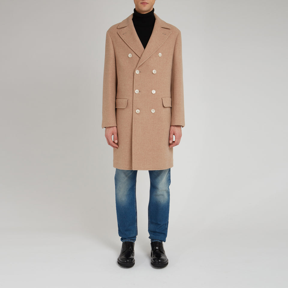 Double-breasted coat in beige wool and cashmere