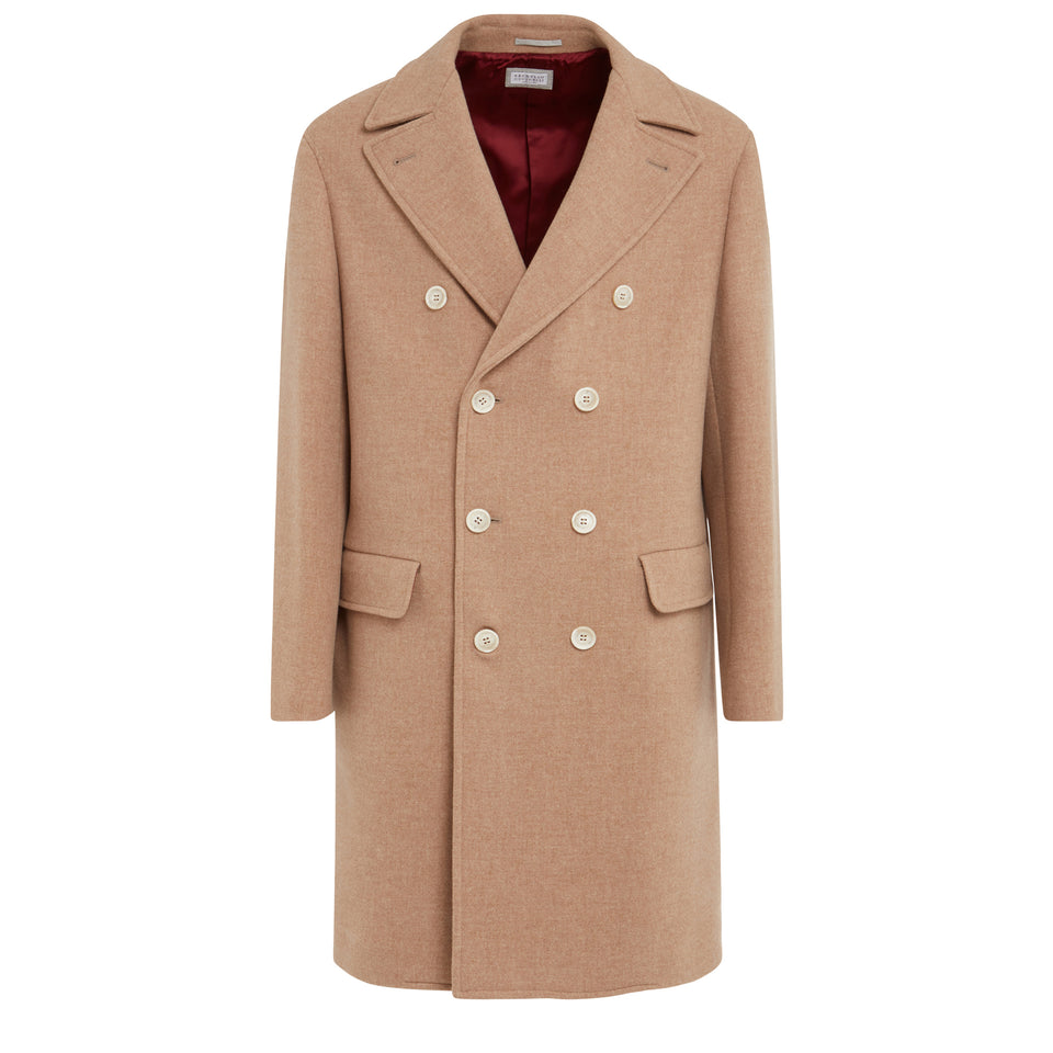 Double-breasted coat in beige wool and cashmere