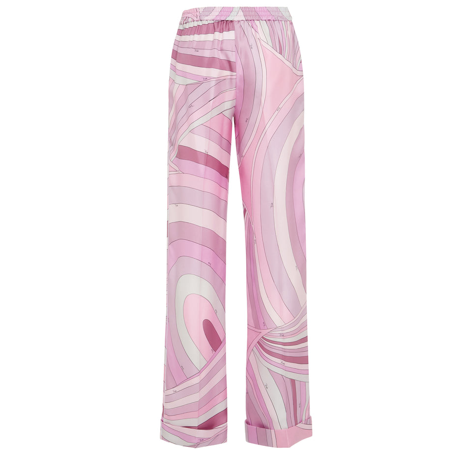 Pantalone a gamba larga in seta rosa