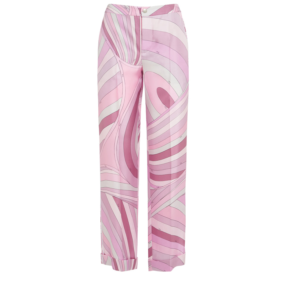 Pantalone a gamba larga in seta rosa