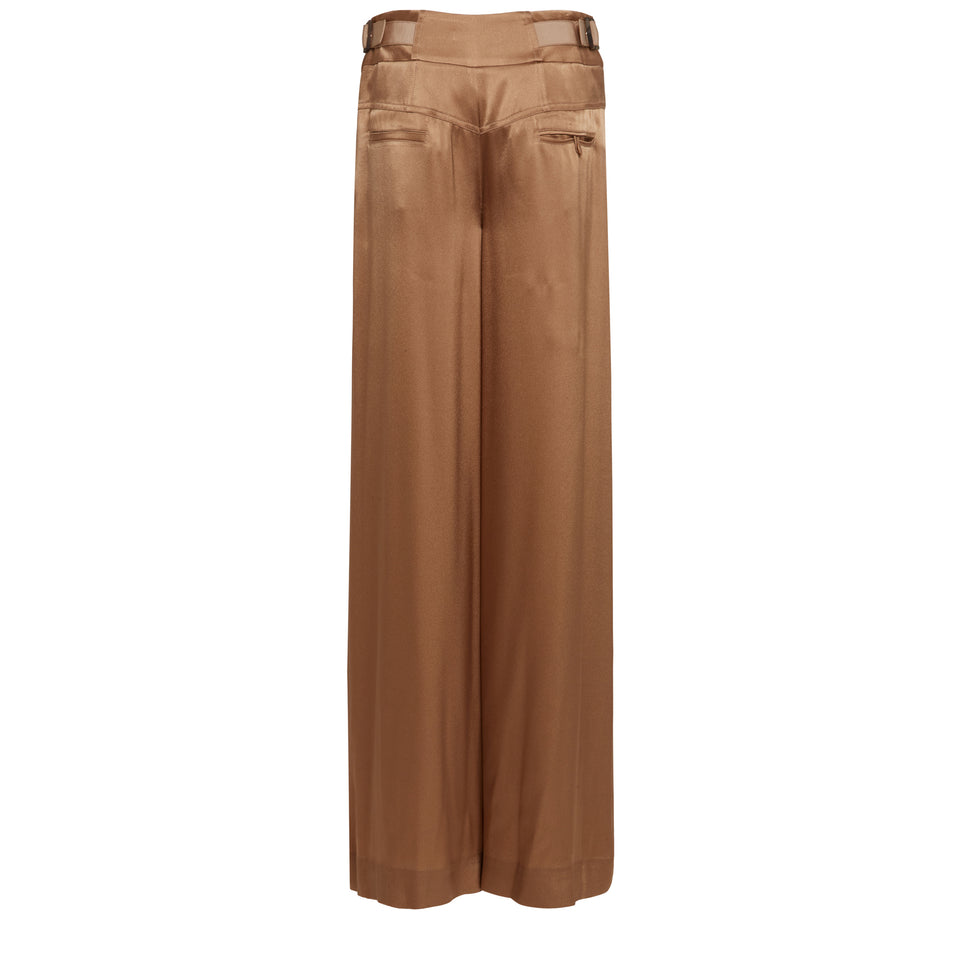 Pantalone a gamba larga in raso marrone