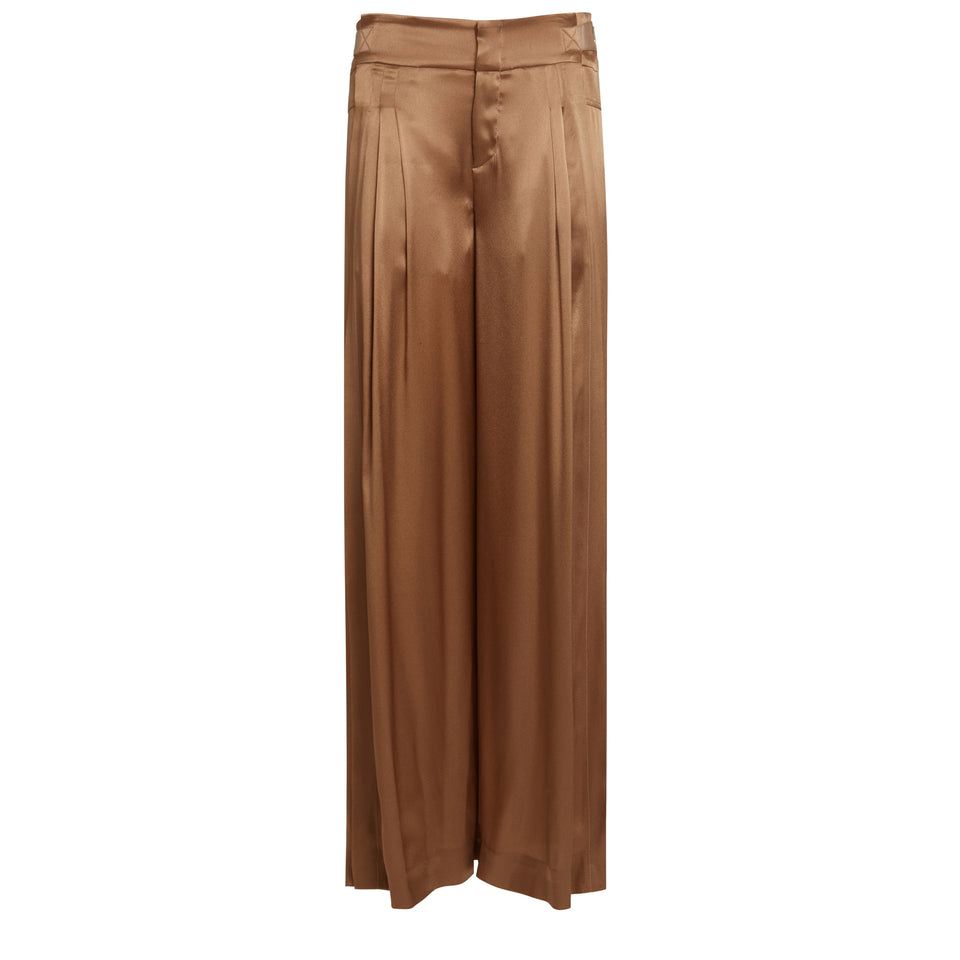 Pantalone a gamba larga in raso marrone