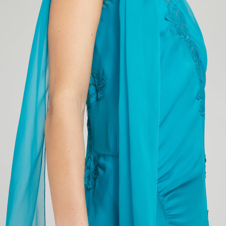 Long light blue silk dress