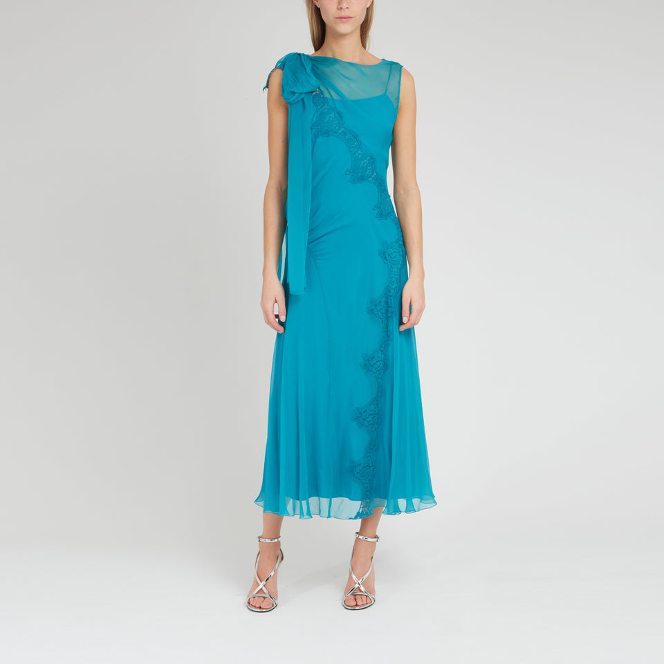 Long light blue silk dress