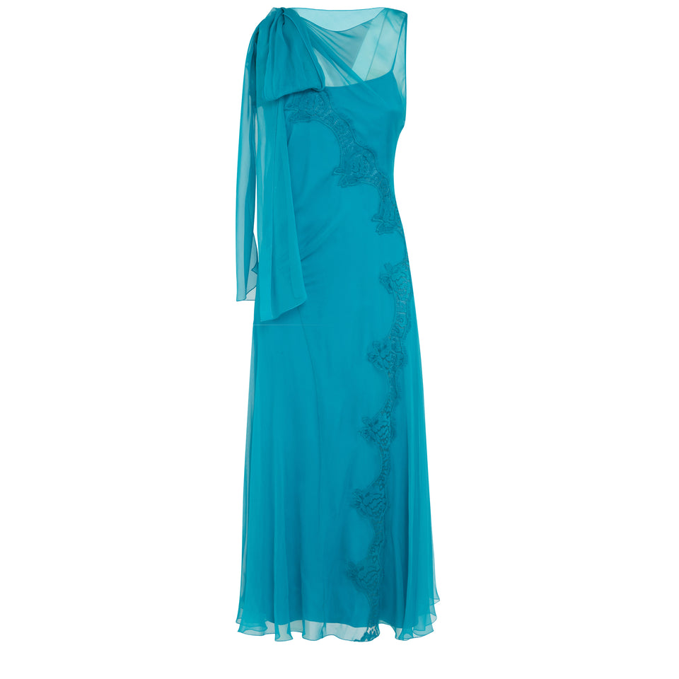 Long light blue silk dress