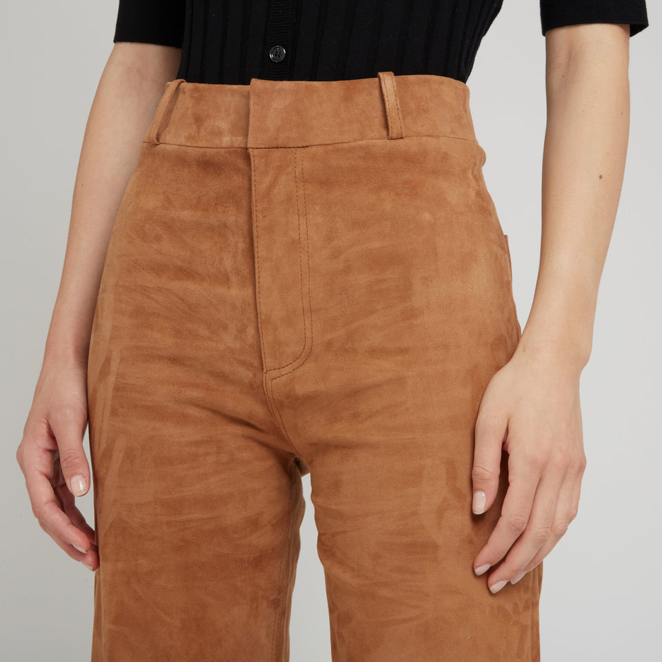 Pantalone a gamba larga "Giacinta" in suede marrone