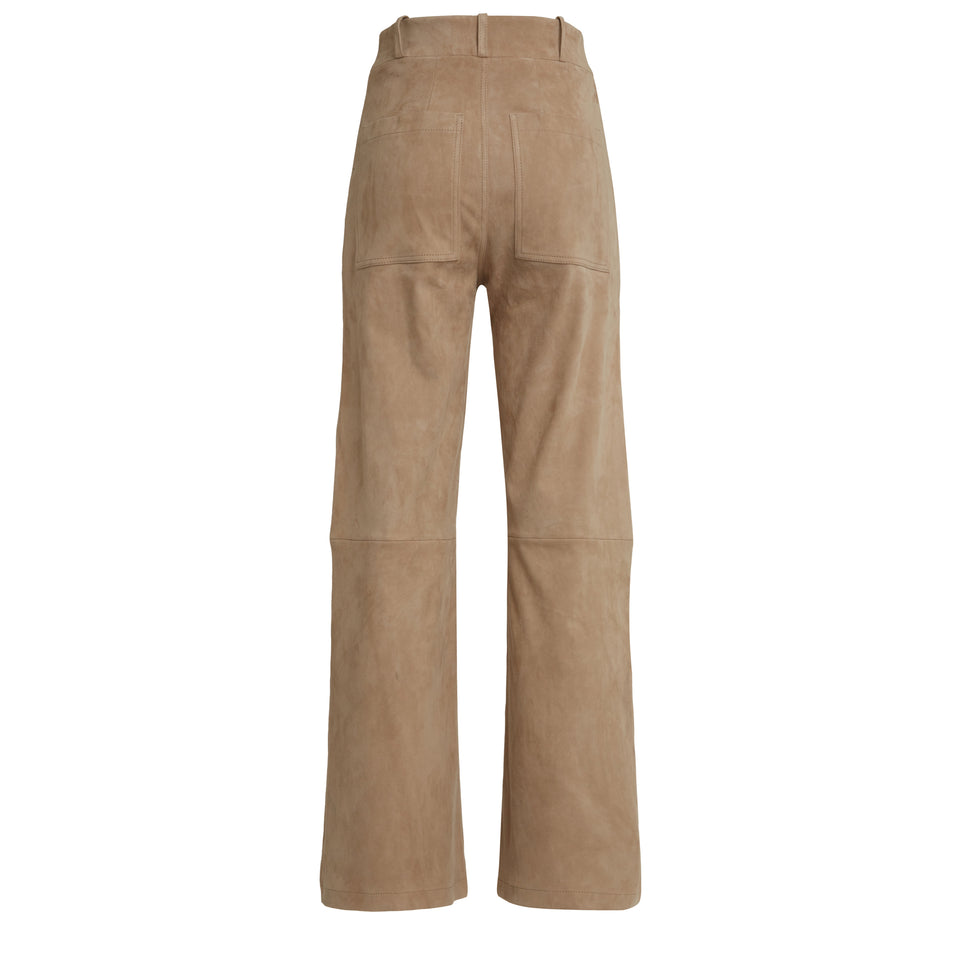 Pantalone a gamba larga "Giacinta" in suede beige