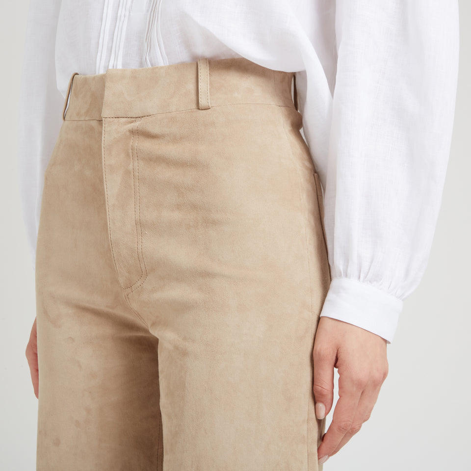 "Giacinta" wide-leg trousers in beige suede