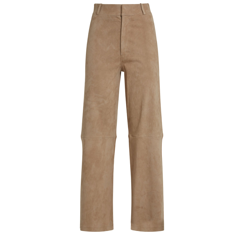 Pantalone a gamba larga "Giacinta" in suede beige