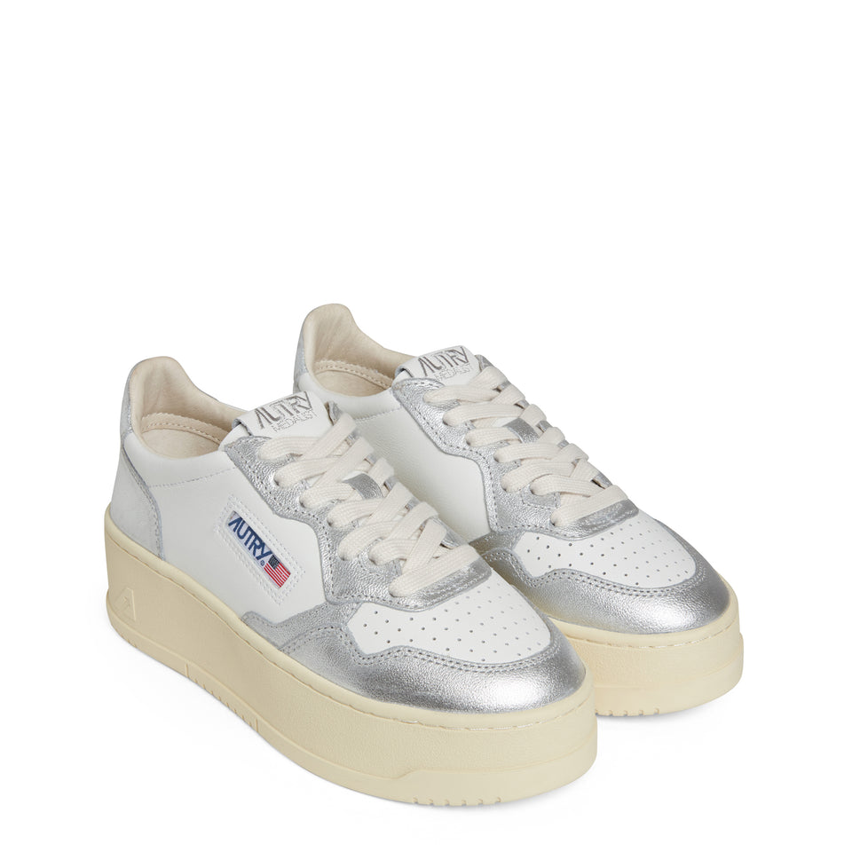''Platform Low'' sneakers in white and silver leather