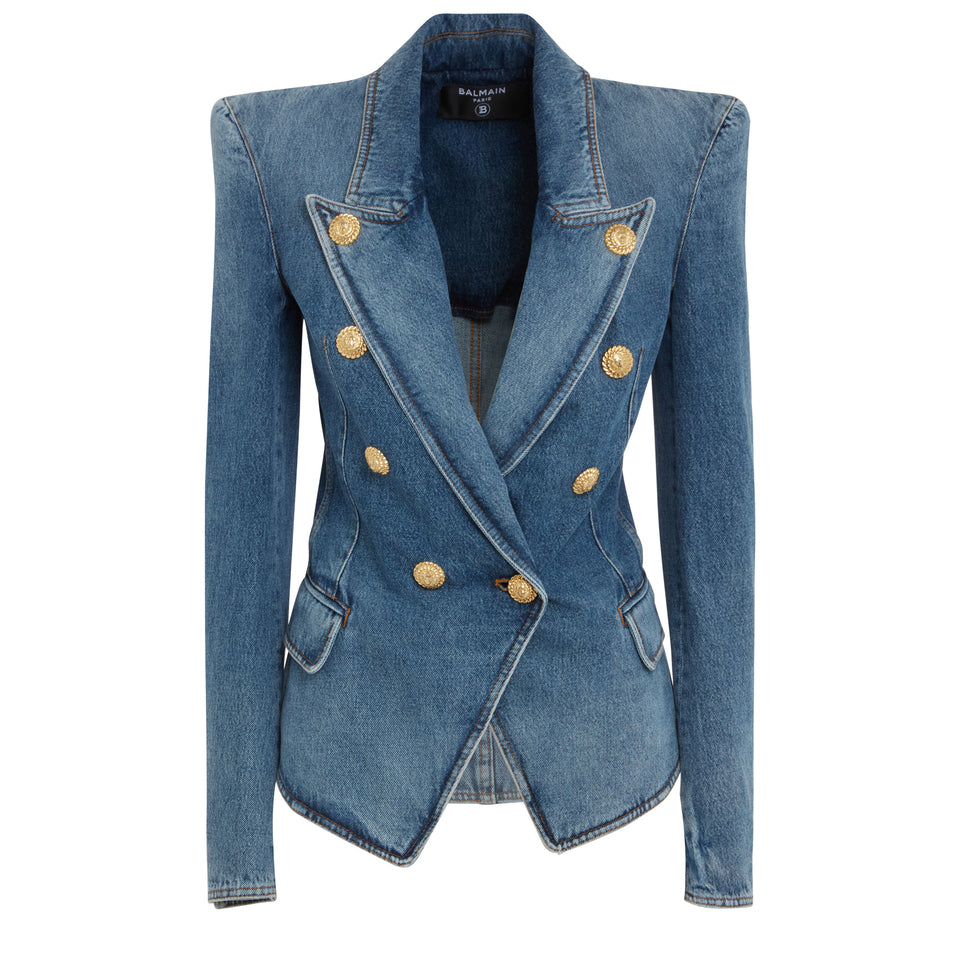 Double-breasted blue denim jacket