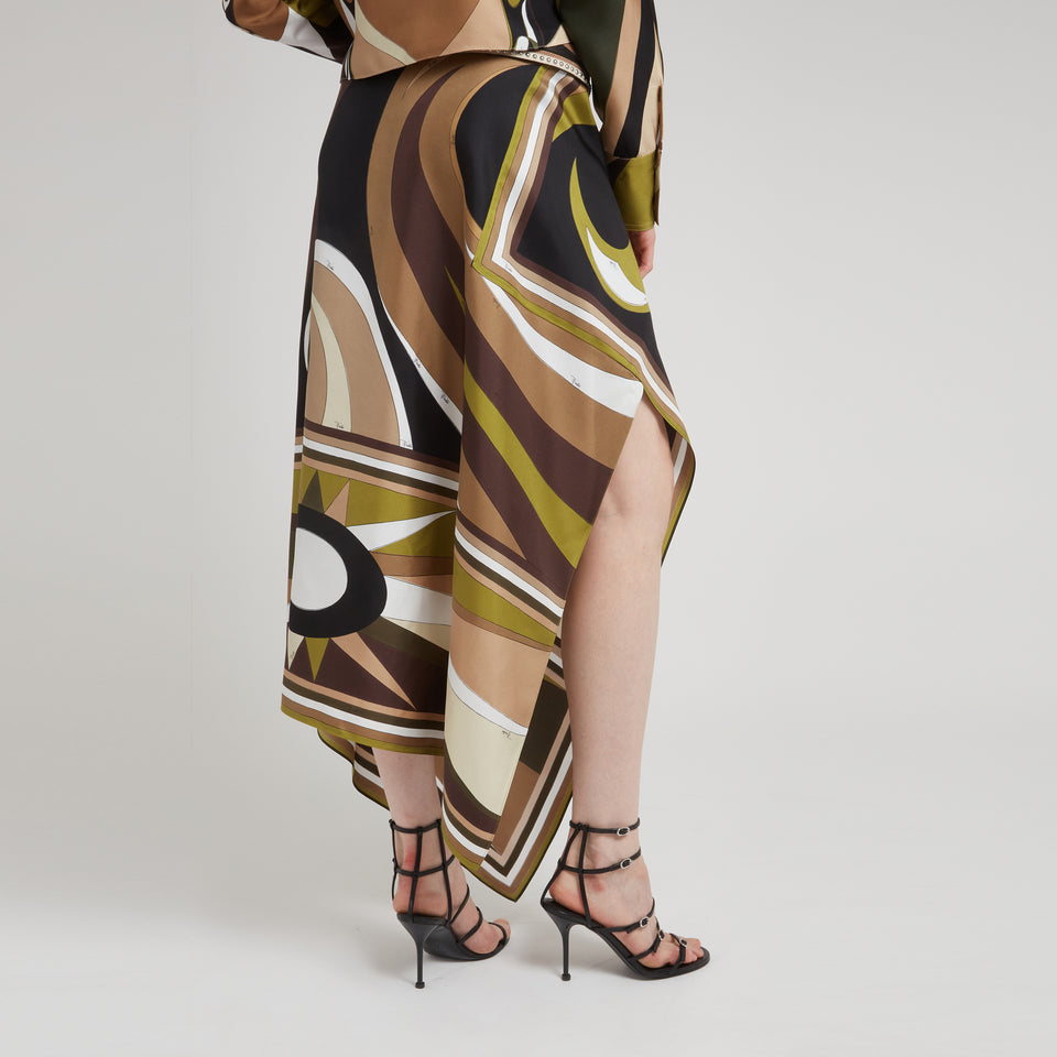 Asymmetric skirt in multicolor silk
