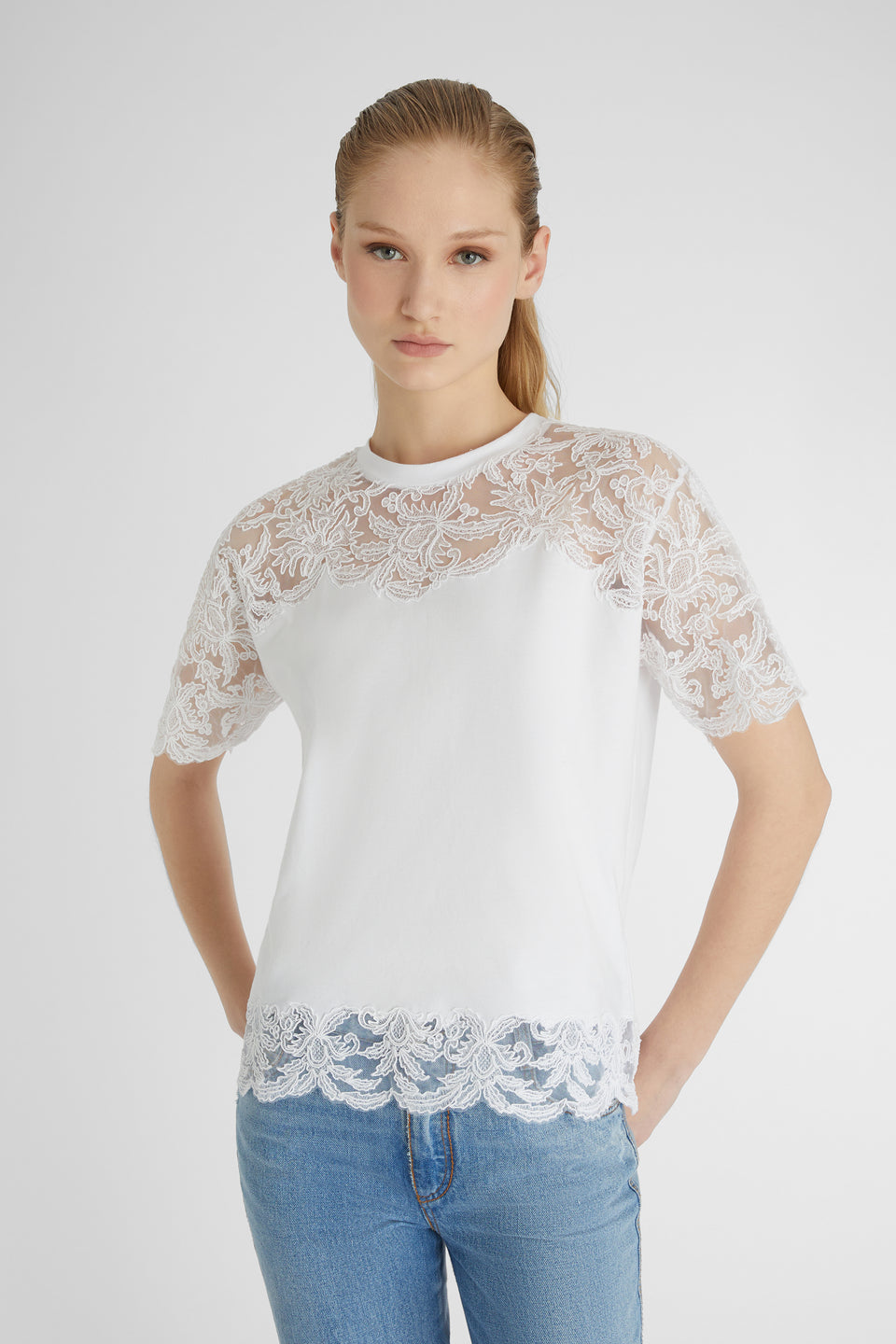 White cotton and lace T-shirt