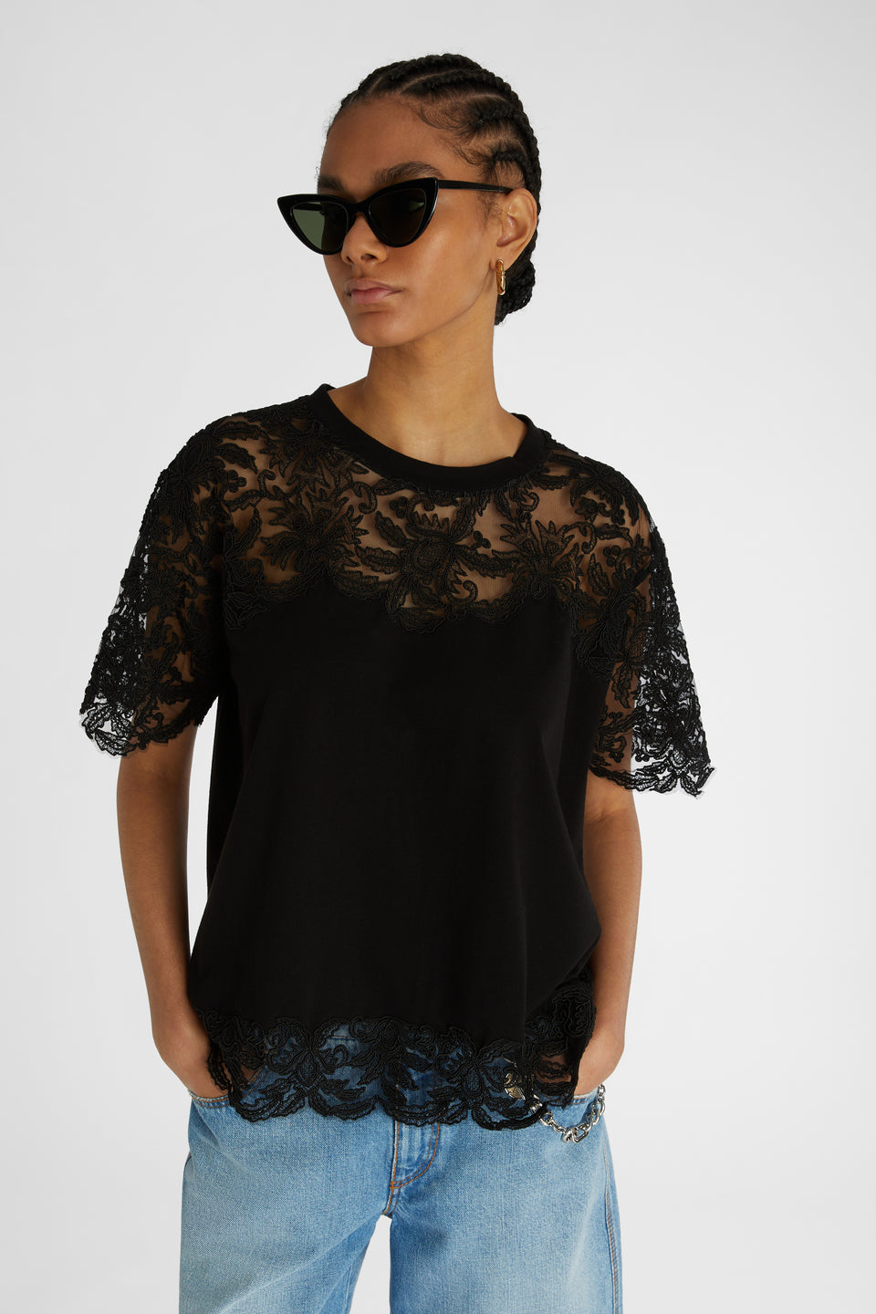 Black cotton and lace T-shirt