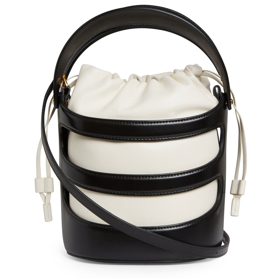 ''The Rise'' bucket bag in white and black leather