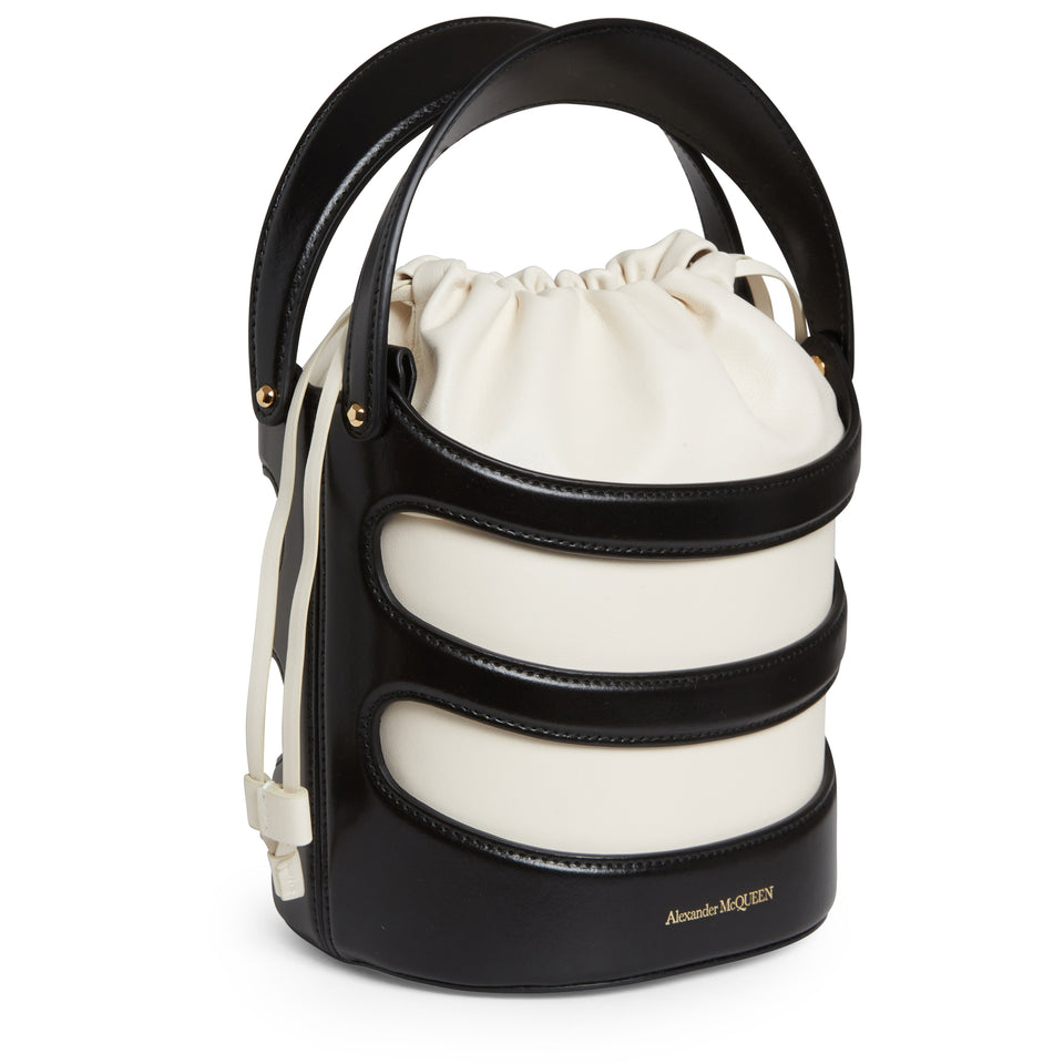 ''The Rise'' bucket bag in white and black leather