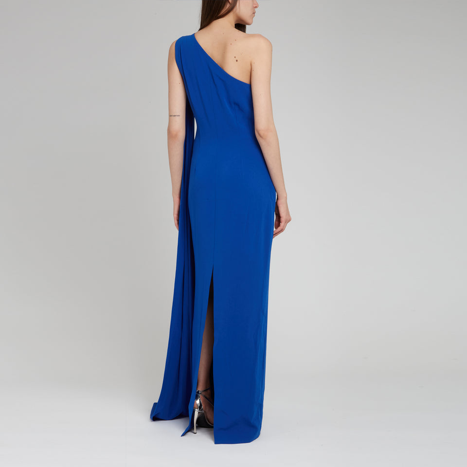 Long single shoulder dress in blue fabric