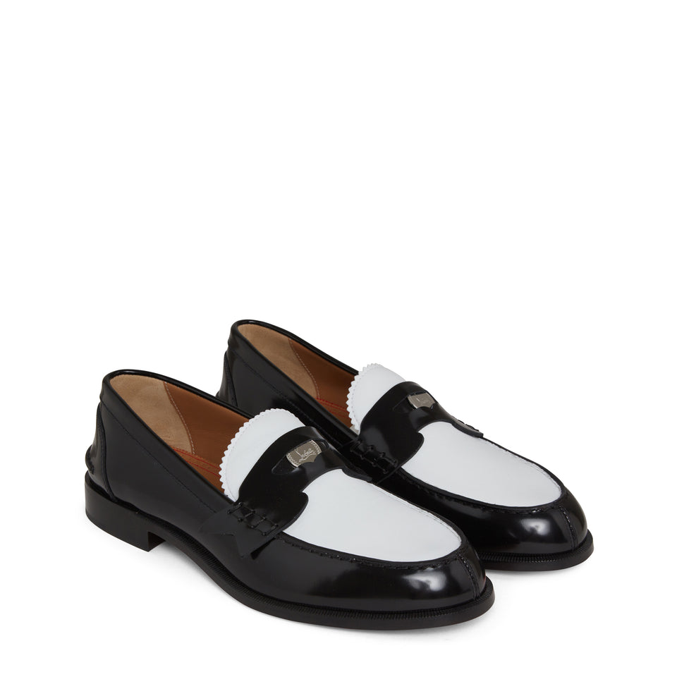 Black and white patent "Penny flat" loafers