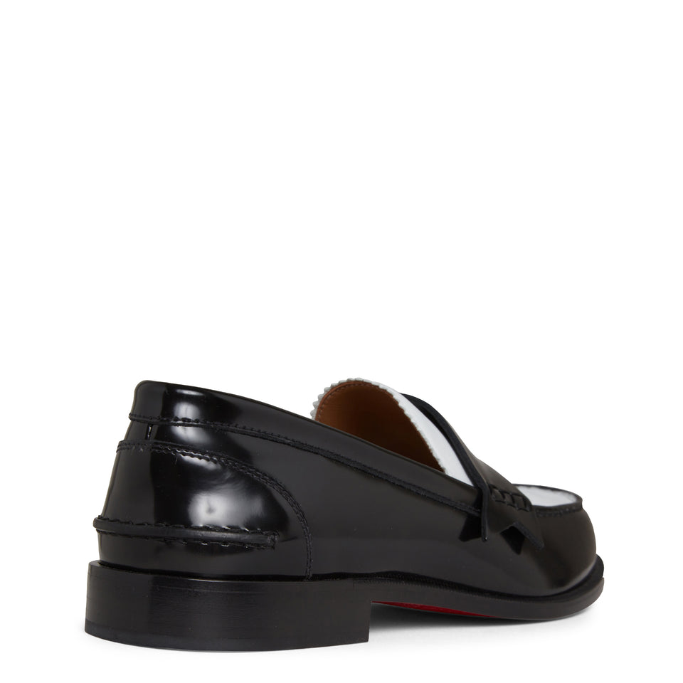 Black and white patent "Penny flat" loafers