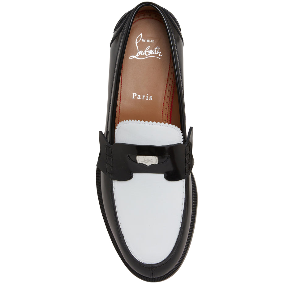 Black and white patent "Penny flat" loafers