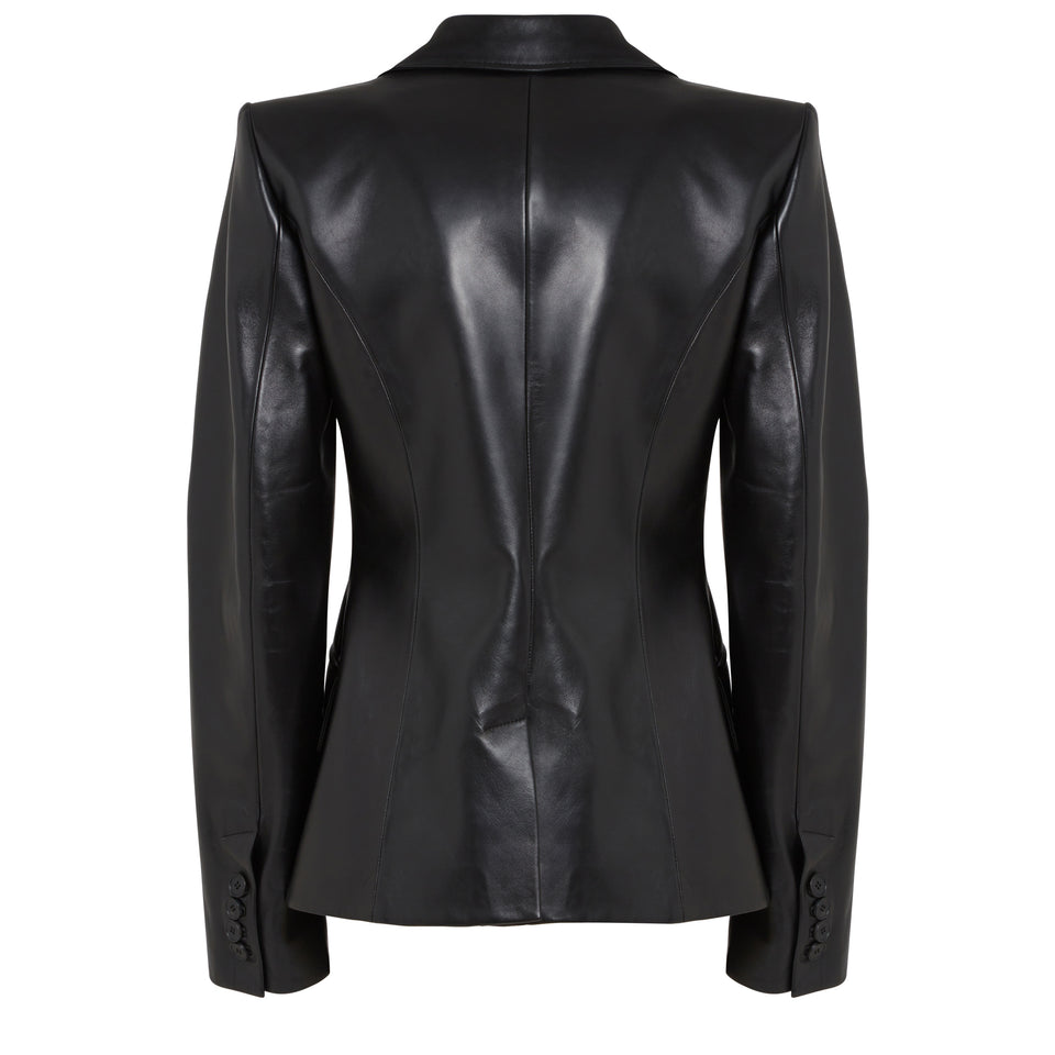 Single-breasted black leather jacket