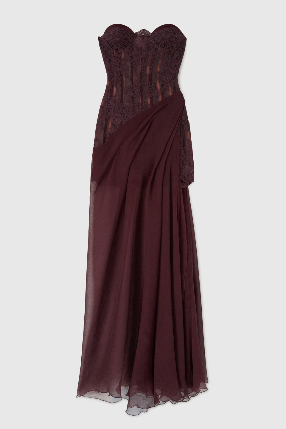 Abito lungo in pizzo e seta bordeaux – GIO MORETTI