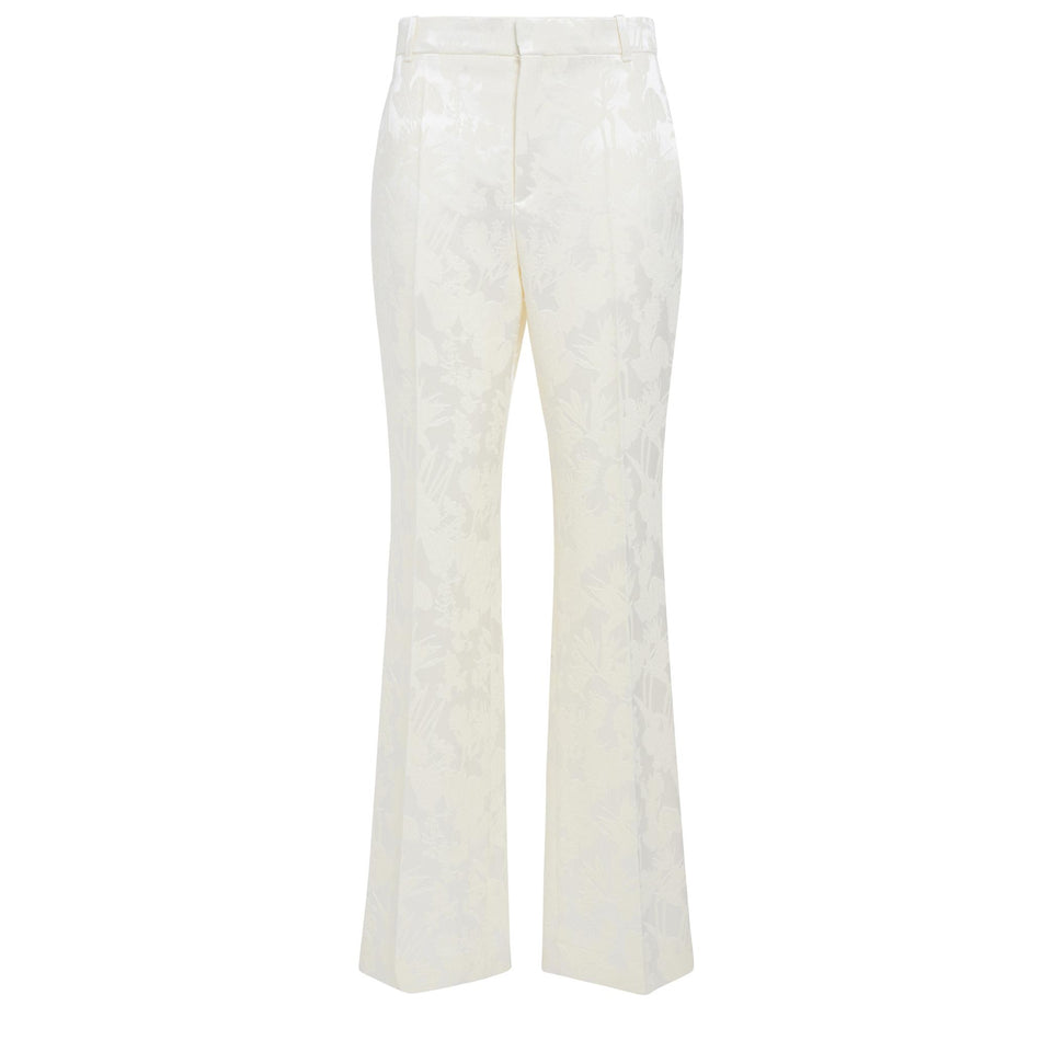 Pantalone ricamato in lana e seta bianco