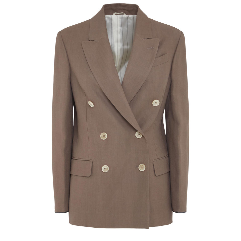 Brown Linen Double Breasted Blazer