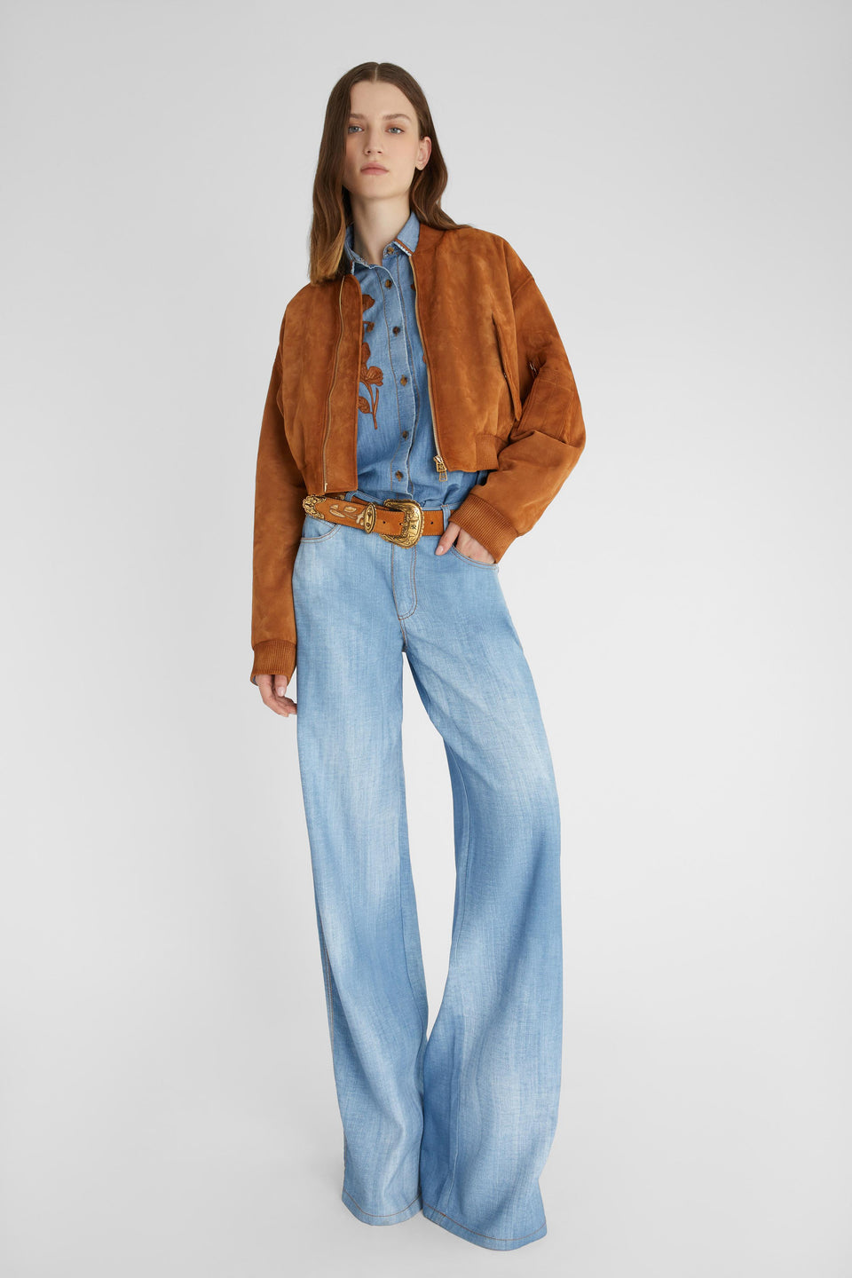 Brown suede crop bomber