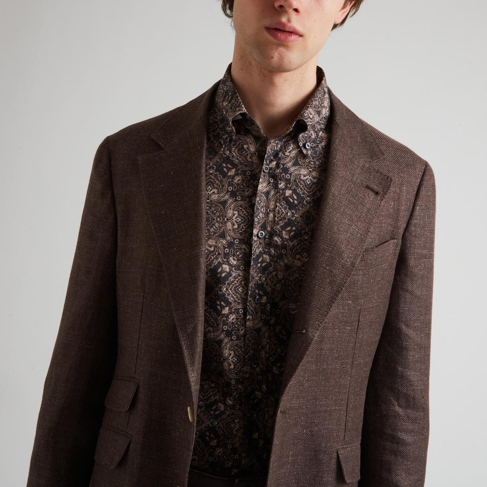 Blazer mono petto in lino e lana marrone