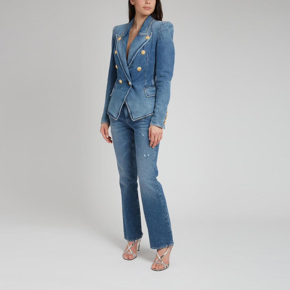 Double-breasted blue denim jacket
