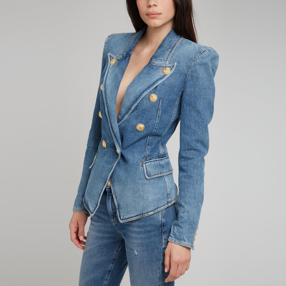 Double-breasted blue denim jacket