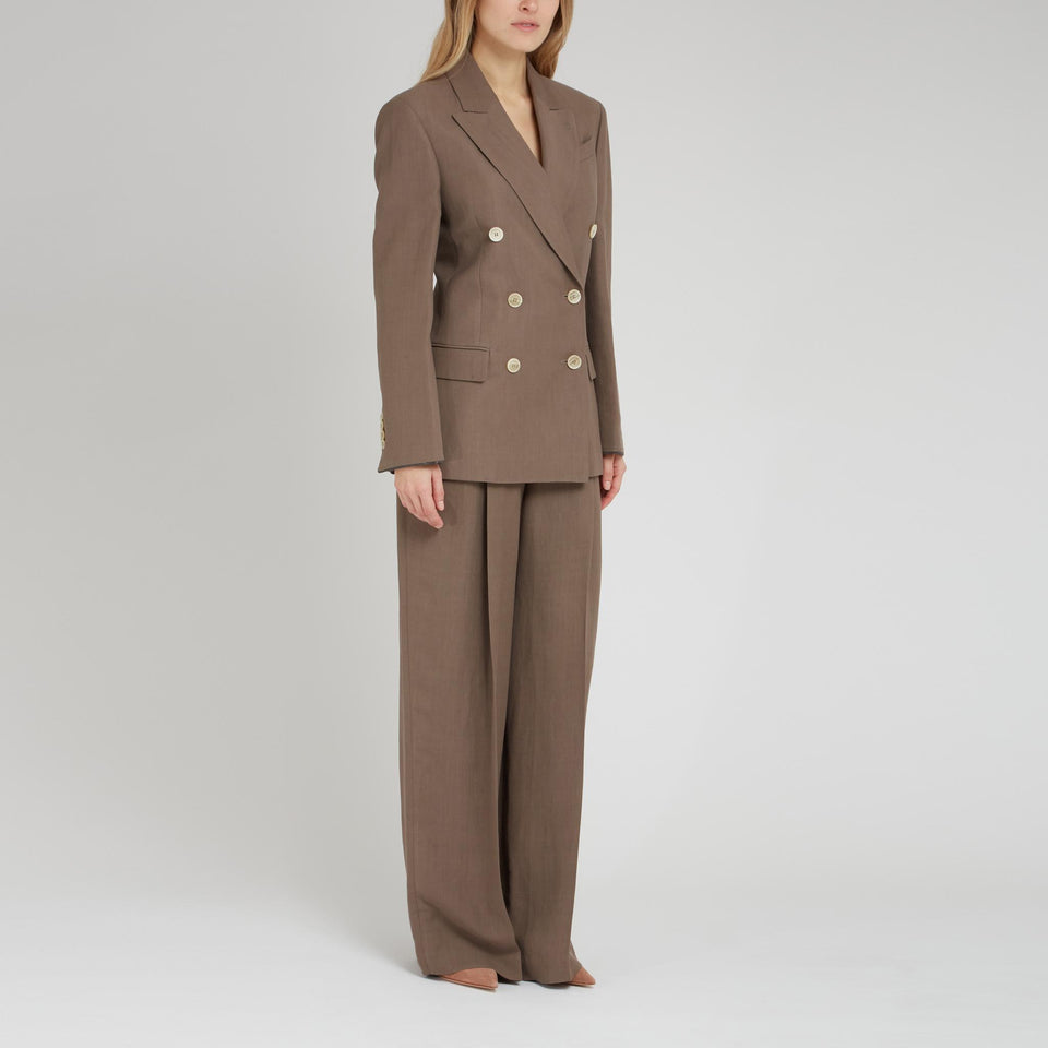 Brown Linen Double Breasted Blazer