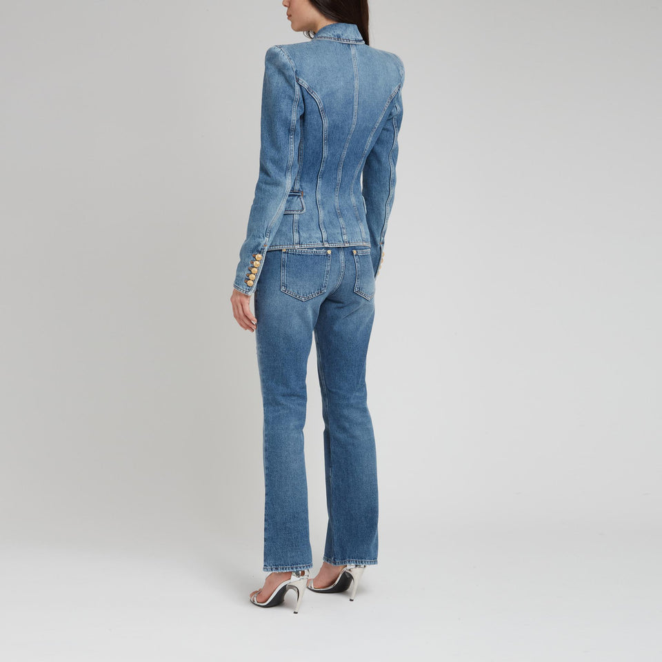 Double-breasted blue denim jacket