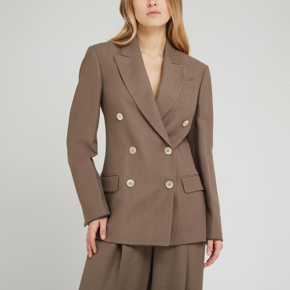 Brown Linen Double Breasted Blazer