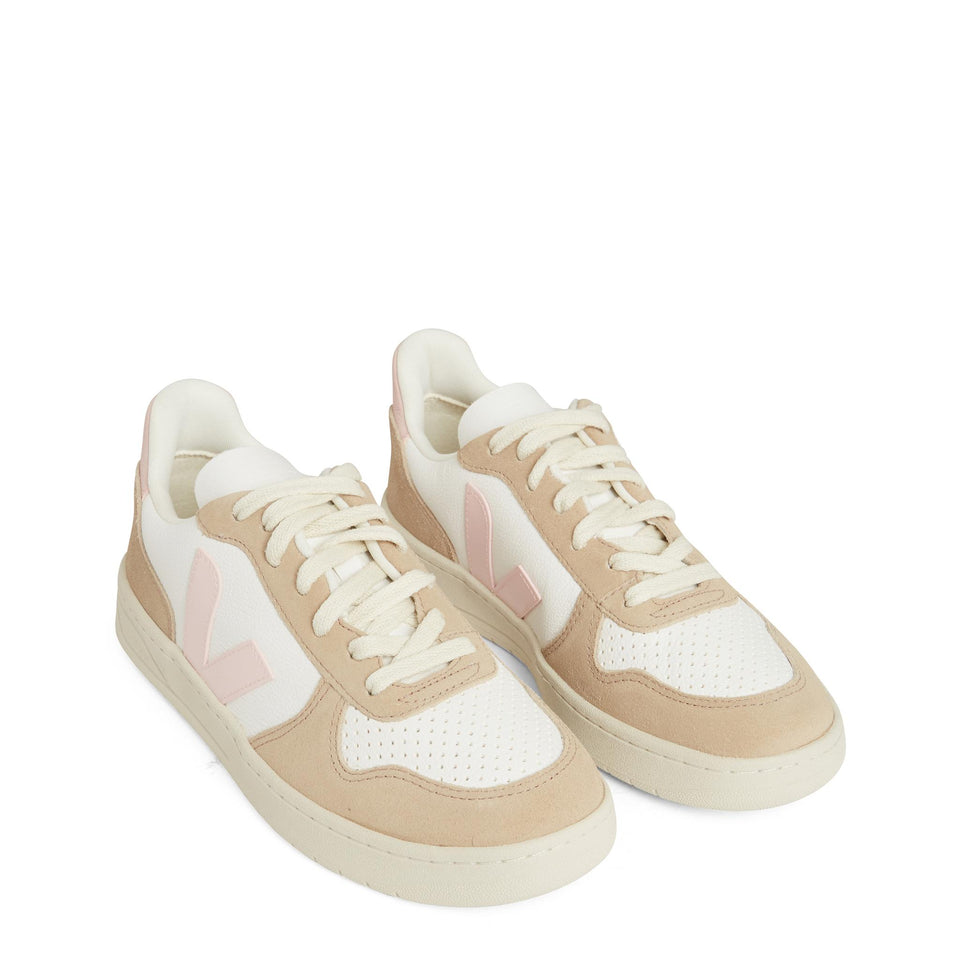 Sneakers ''V-10'' in pelle bianca e beige VX0503299 EXTRA-WHITE_PETALE_SAHARA VEJA 