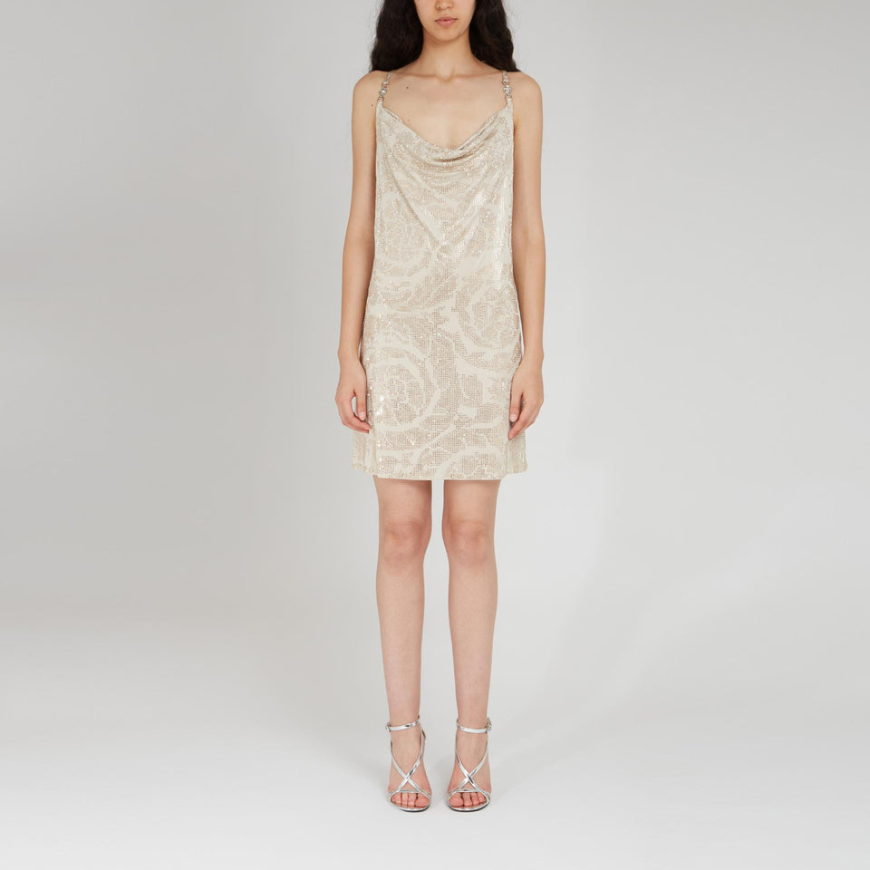 Mini abito barocco in tessuto beige con cristalli 1016407 1A117441KF90 VERSACE 