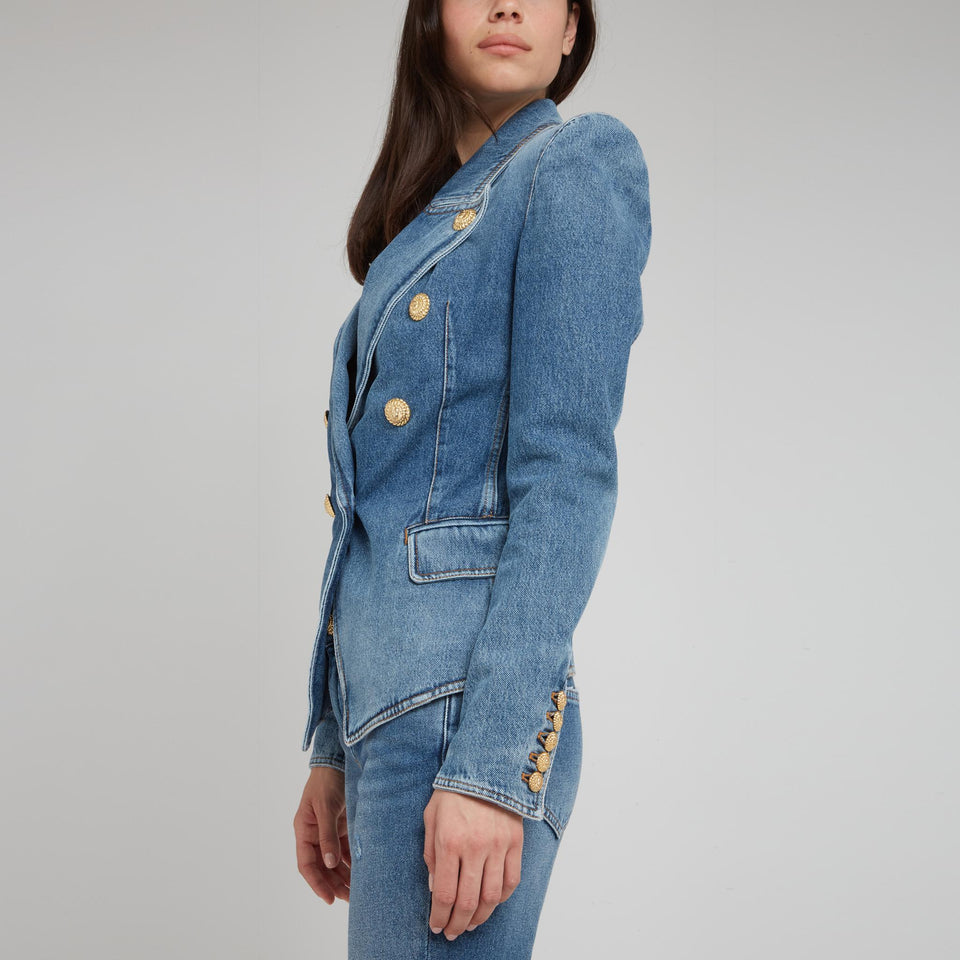 Double-breasted blue denim jacket
