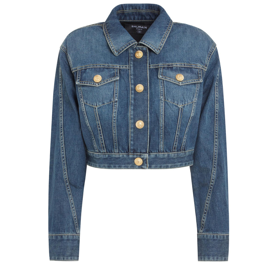 Giacca crop in denim blu