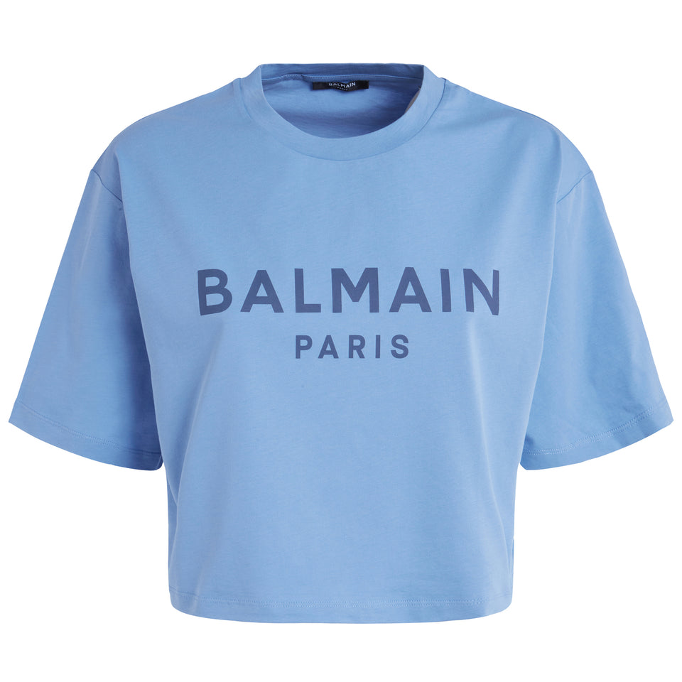 T-shirt cropped in cotone blu